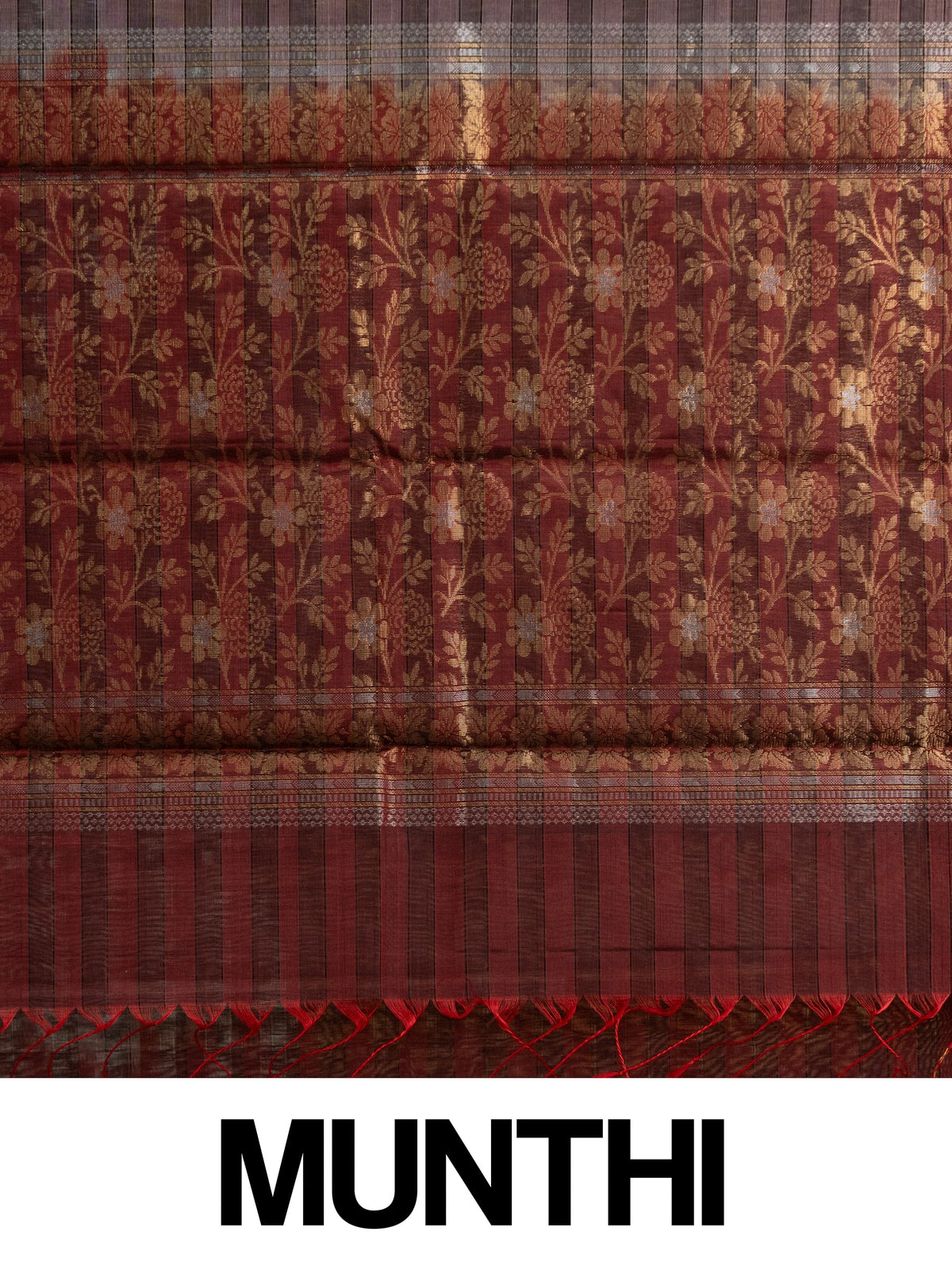 Coffee brown pure silk cotton saree with striped body, gold zari buttas, maroon contrast border and floral zari pallu