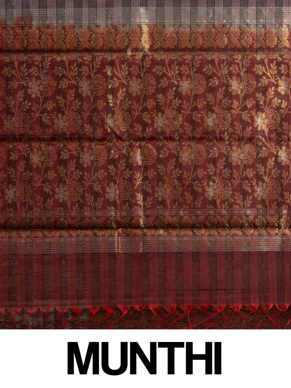 Coffee brown pure silk cotton saree with striped body, gold zari buttas, maroon contrast border and floral zari pallu