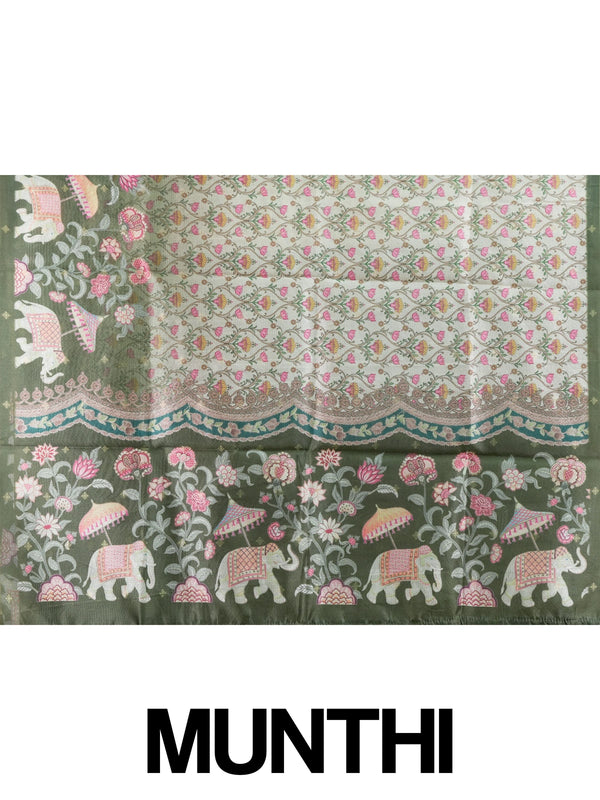 Cream semi tussar saree with floral jaal body, olive green elephant pallu and golden zari border