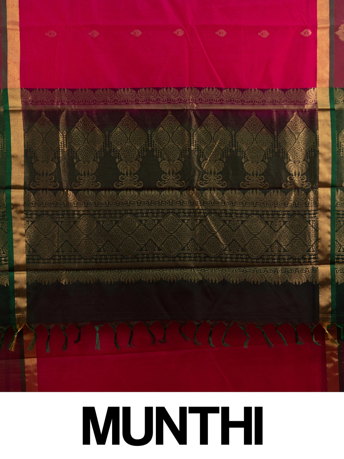 Rani pink silk cotton saree with contrast green and gold zari border and pallu