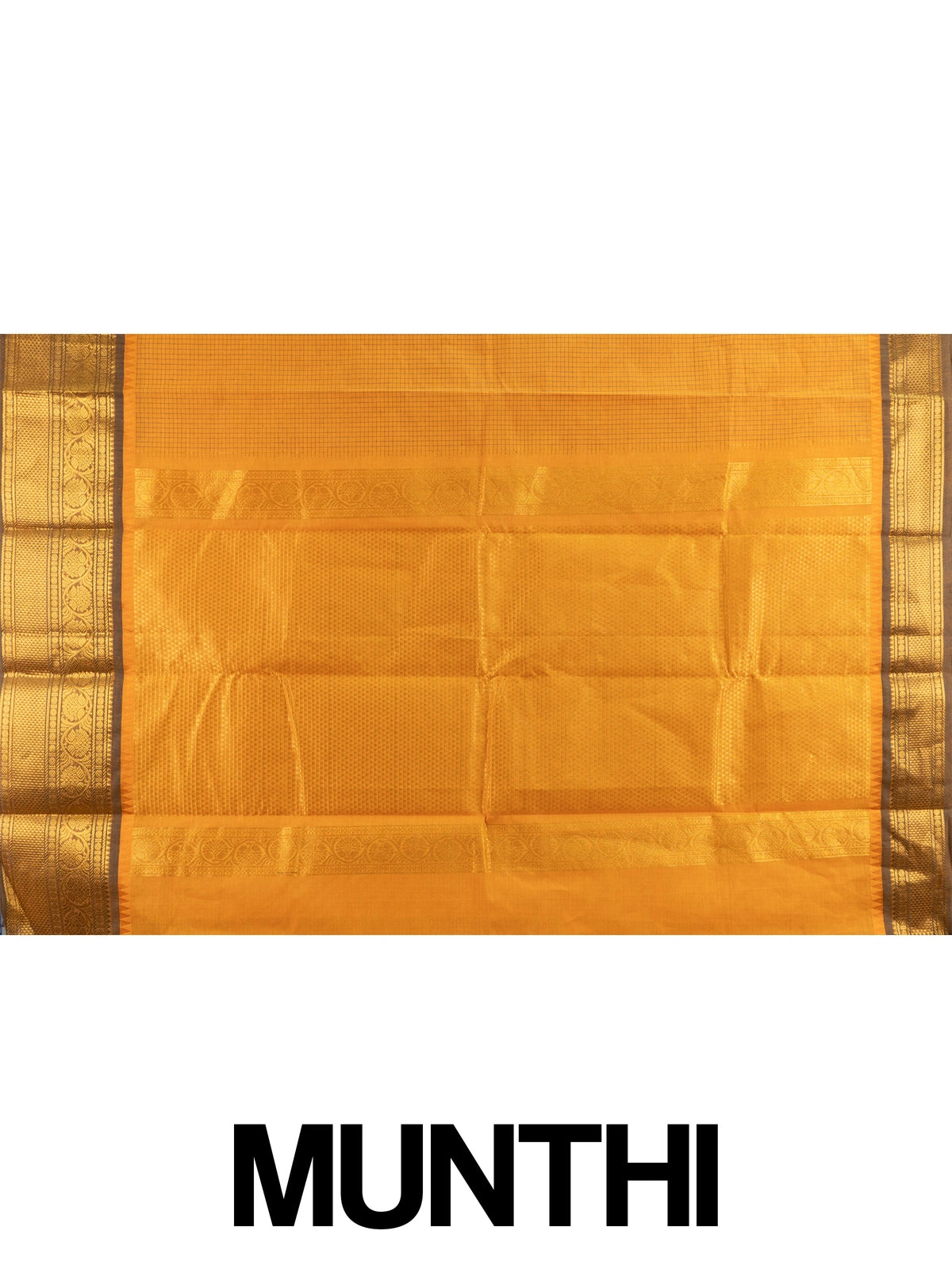 Mustard yellow Chettinad cotton saree with woven checks and contrast olive-brown gold zari border