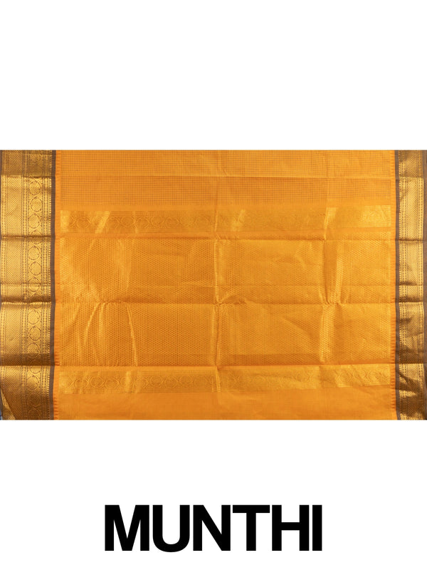Mustard yellow Chettinad cotton saree with woven checks and contrast olive-brown gold zari border