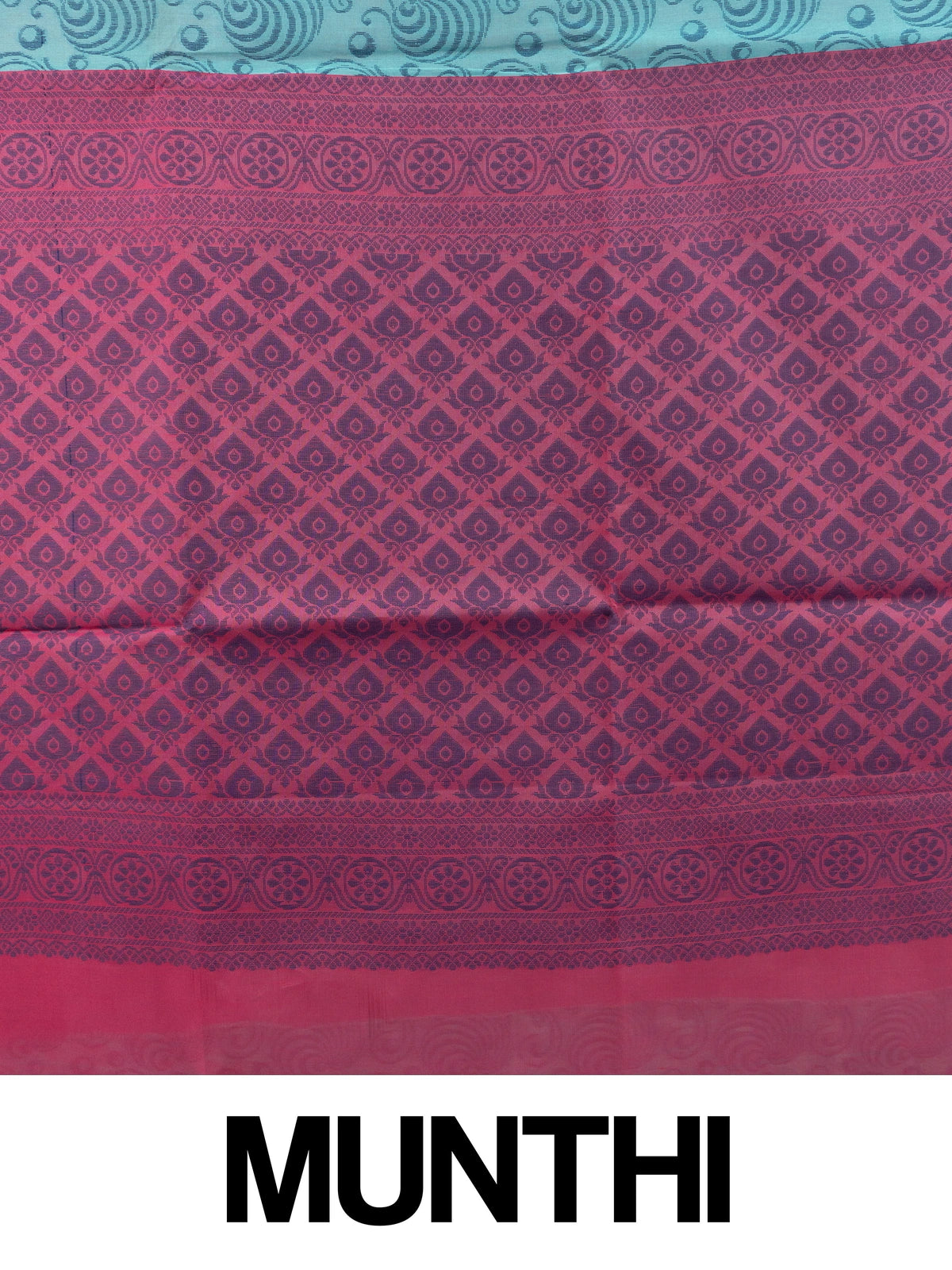 Teal blue silk cotton saree with woven swirl motifs and contrast magenta pink border and pallu