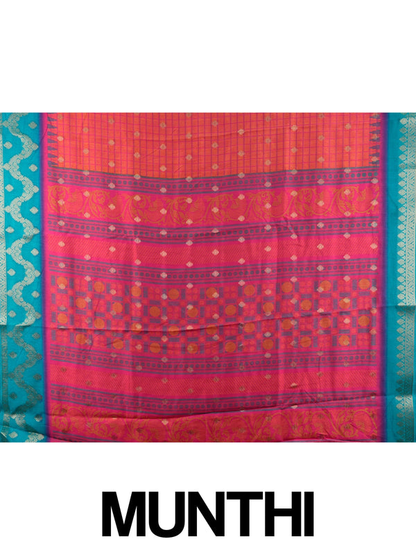 Coral red Dola silk saree with pink checks, gold zari buttas and a contrast teal blue zari border