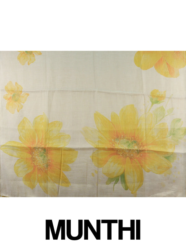 Cream linen cotton saree with yellow watercolour floral print and matching blouse