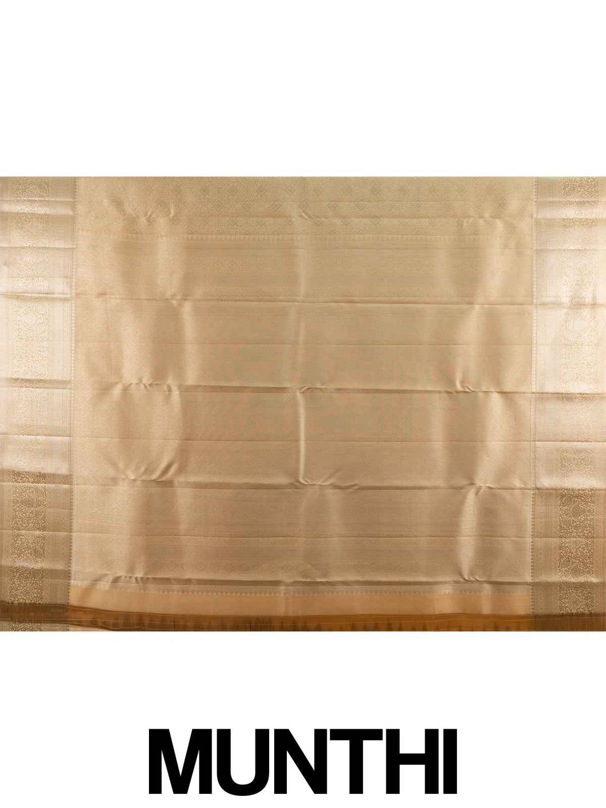 Gold and beige pure Kanchipuram silk saree with all-over gold zari weave and broad floral border