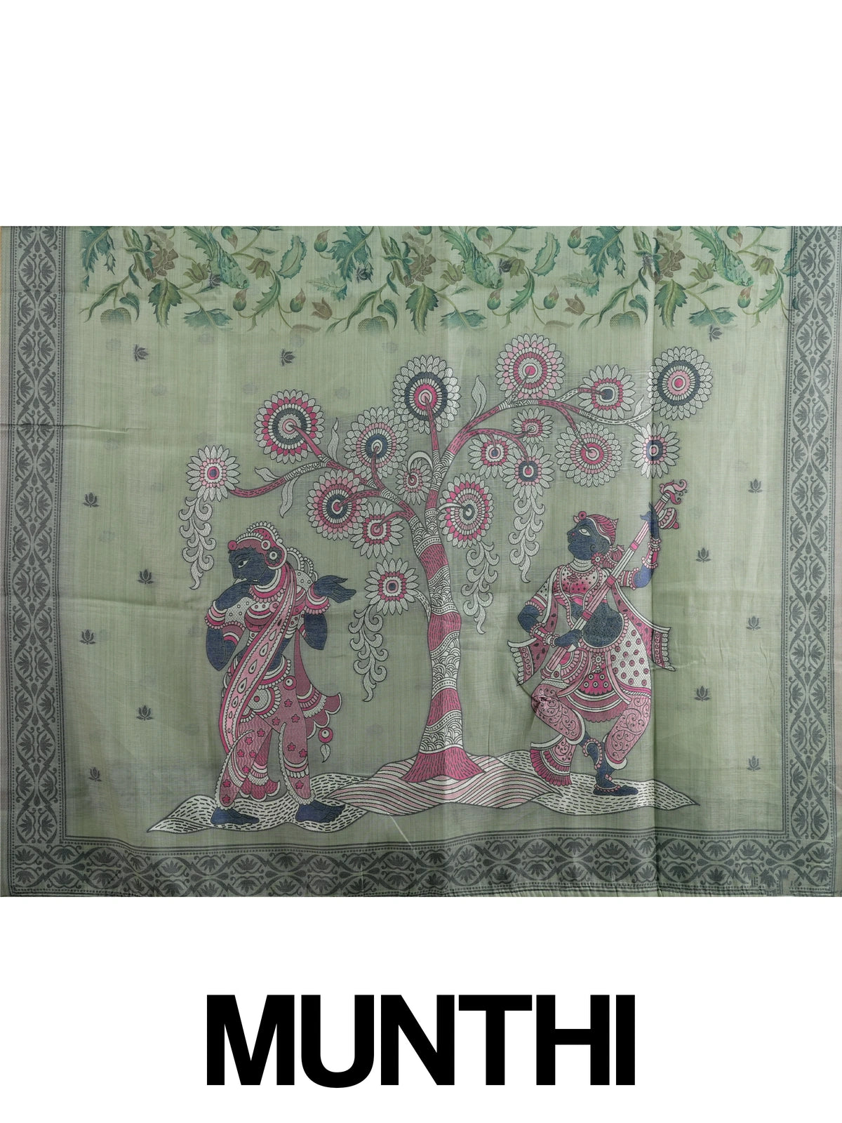 Sage green linen cotton saree with floral and bird print, grey floral border and Pattachitra-style pallu