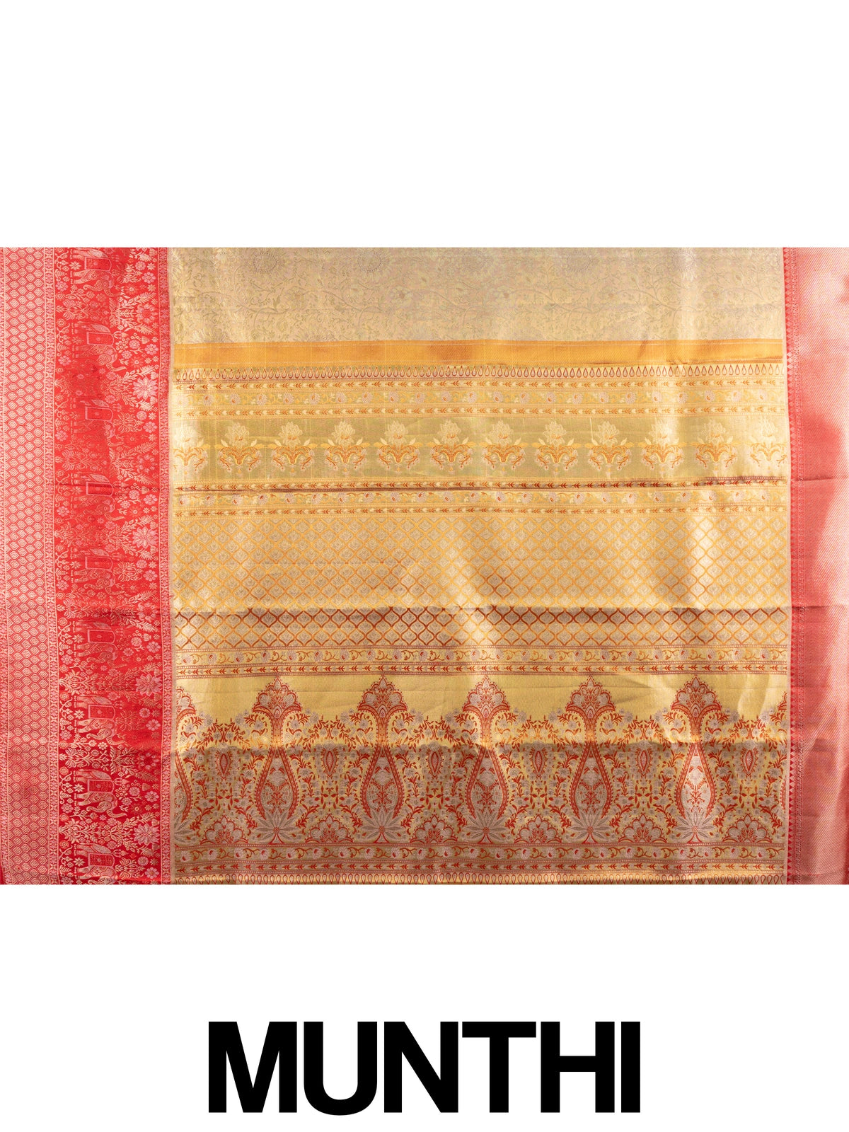 Cream-gold pure Kanchipuram silk saree with contrast red zari border and elephant motifs
