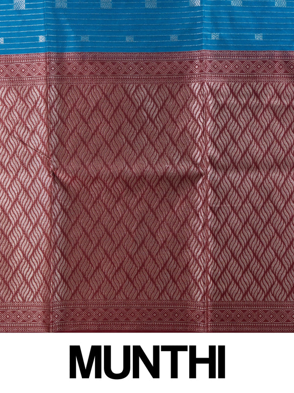 Peacock blue silk cotton saree with silver stripes, square buttas and contrast maroon zari border and pallu