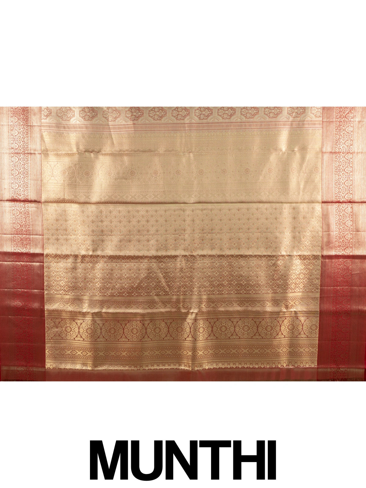 Golden beige pure Kanchipuram silk saree with gold zari motifs and contrast maroon border and pallu
