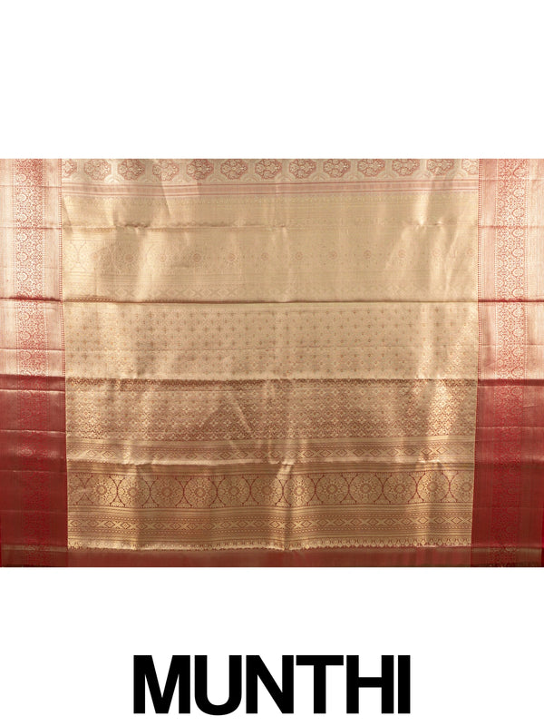 Golden beige pure Kanchipuram silk saree with gold zari motifs and contrast maroon border and pallu