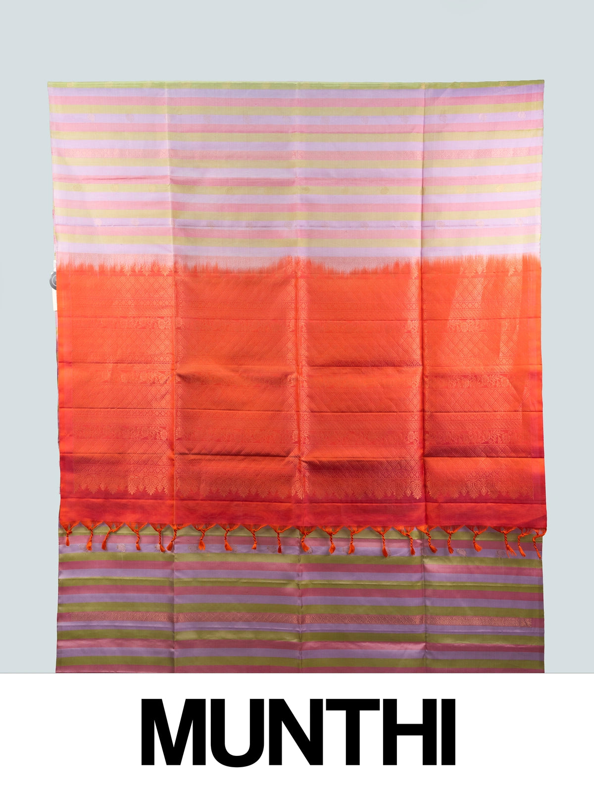 Multicoloured striped soft silk saree with gold zari buttas and contrast orange-red zari border and pallu