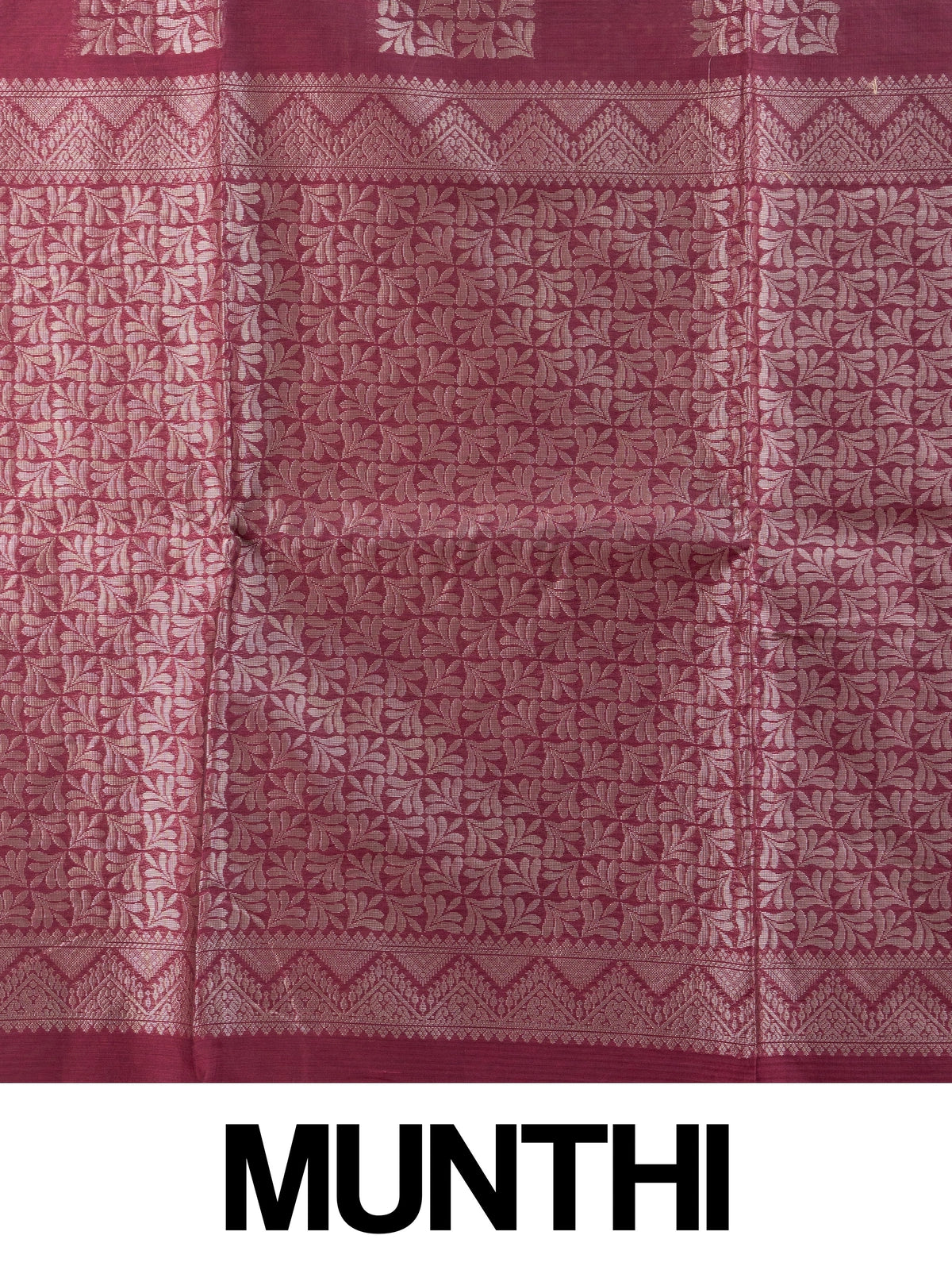 Maroon silk cotton saree with silver zari buttas and contrast woven border