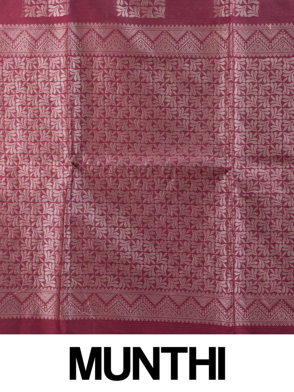 Maroon silk cotton saree with silver zari buttas and contrast woven border