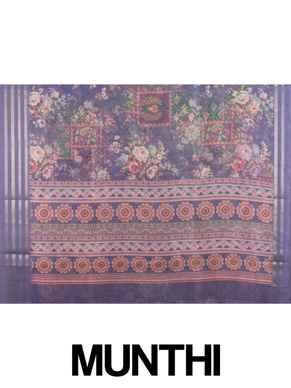 Purple and lavender organza designer saree with floral patchwork print and gold zari border