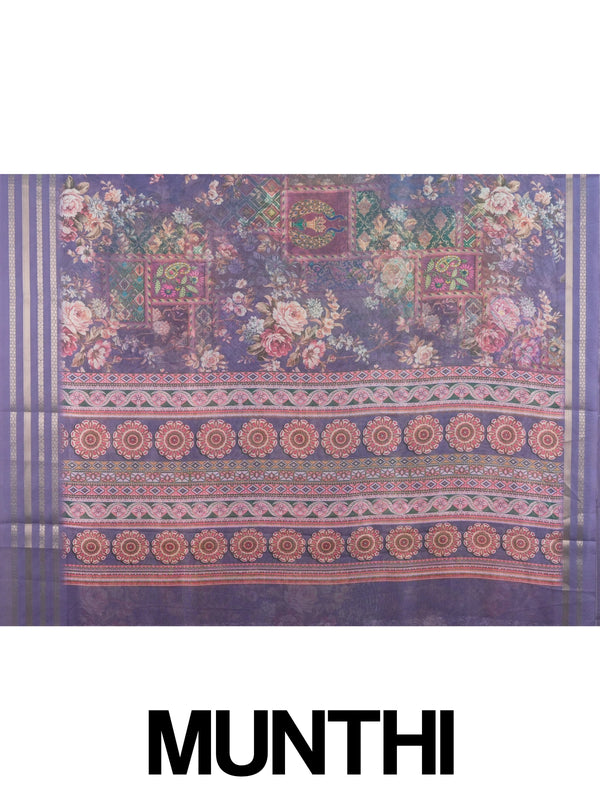 Purple and lavender organza designer saree with floral patchwork print and gold zari border