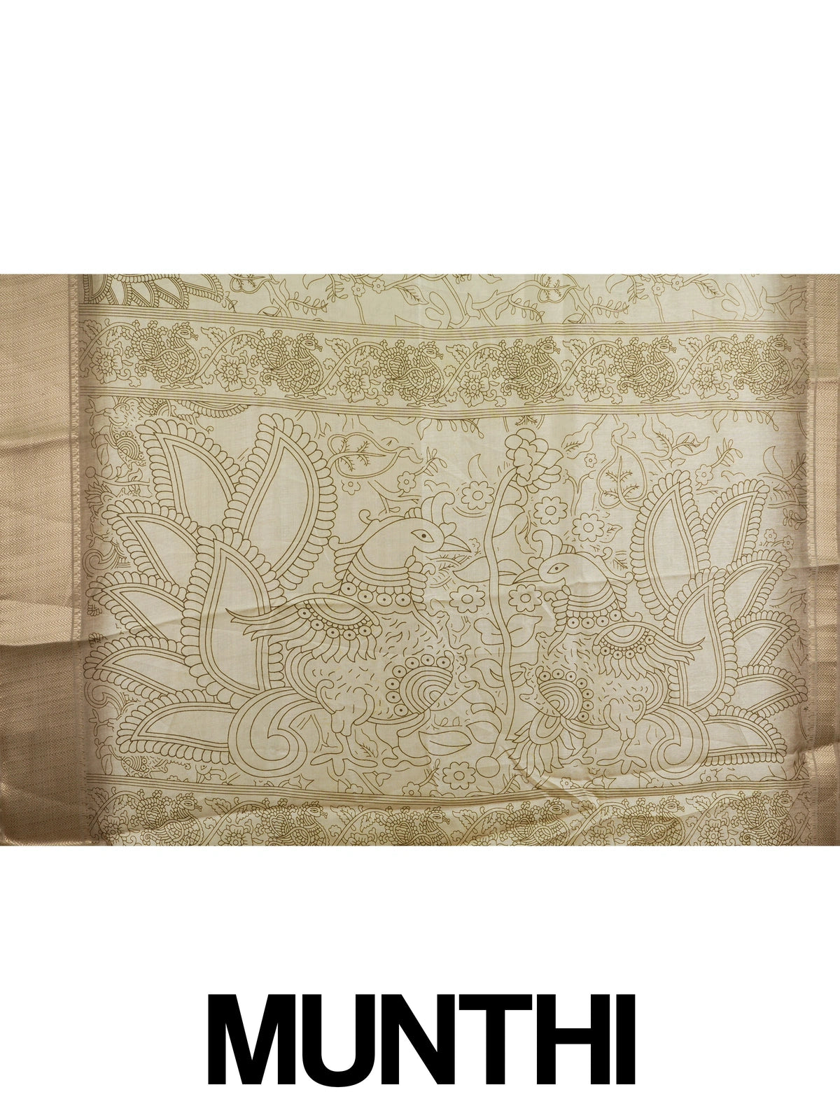 Cream Dola silk saree with Kalamkari-style floral print, peacock pallu and gold zari border
