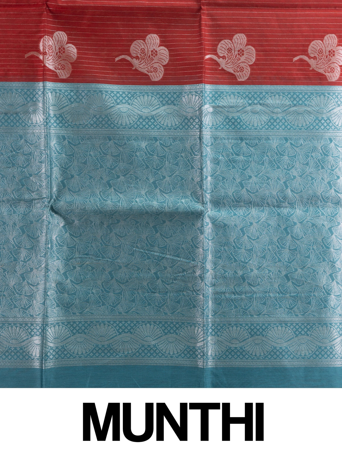 Maroon silk cotton saree with silver zari stripes, floral butta and contrast teal blue zari border