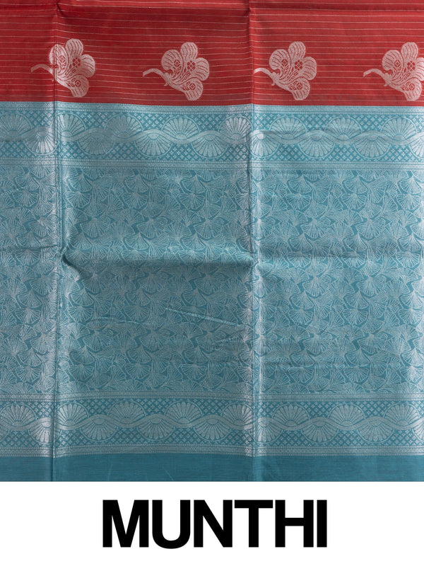 Maroon silk cotton saree with silver zari stripes, floral butta and contrast teal blue zari border