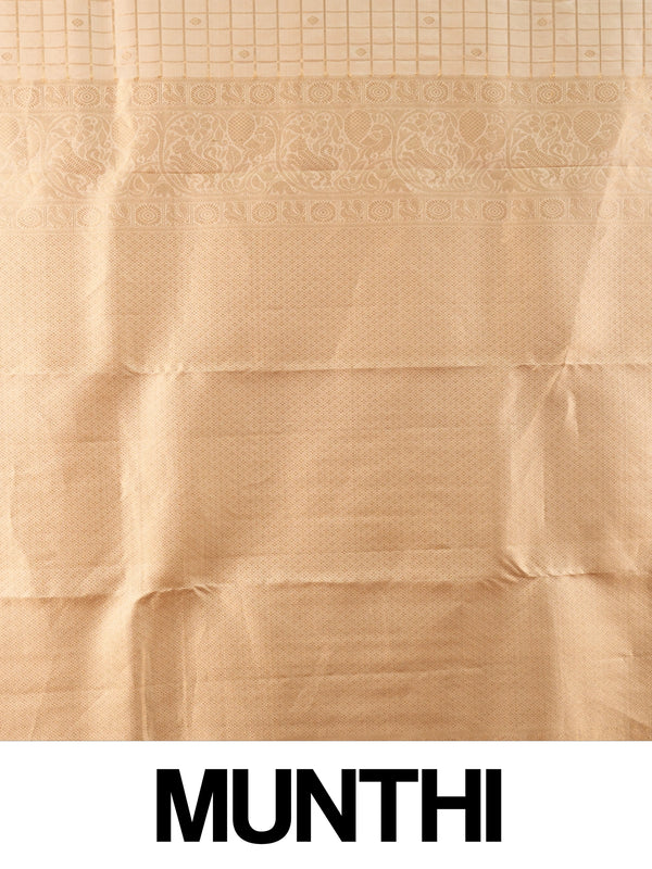 Cream and gold pure Kanchipuram silk saree with zari checks and paisley pallu