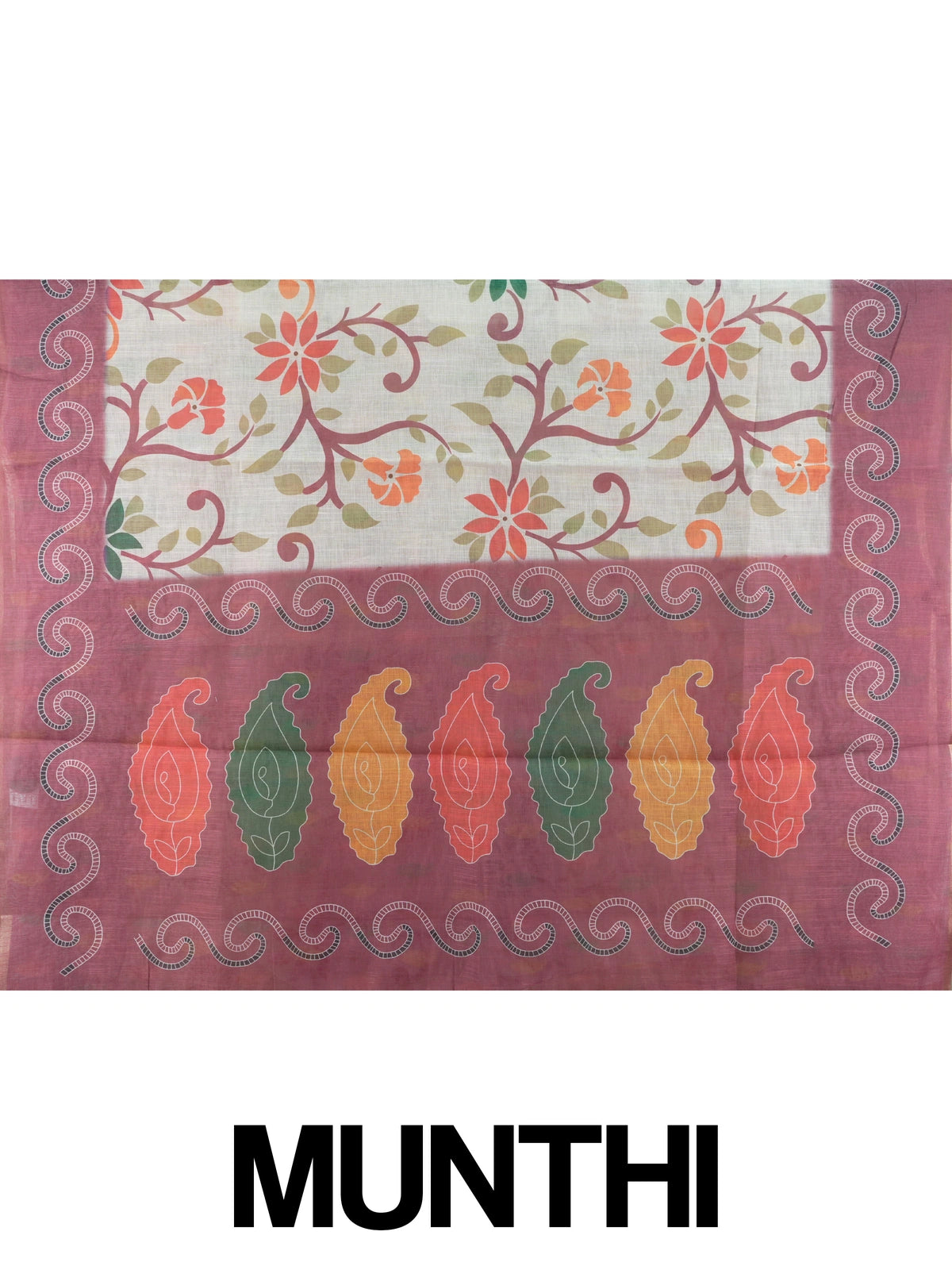 Cream linen cotton saree with floral print and onion-pink paisley border