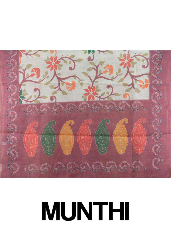 Cream linen cotton saree with floral print and onion-pink paisley border