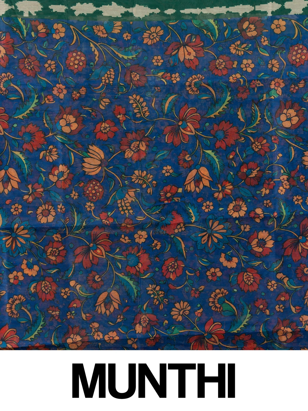 Green shibori linen cotton saree with contrast blue Kalamkari floral pallu and matching blouse