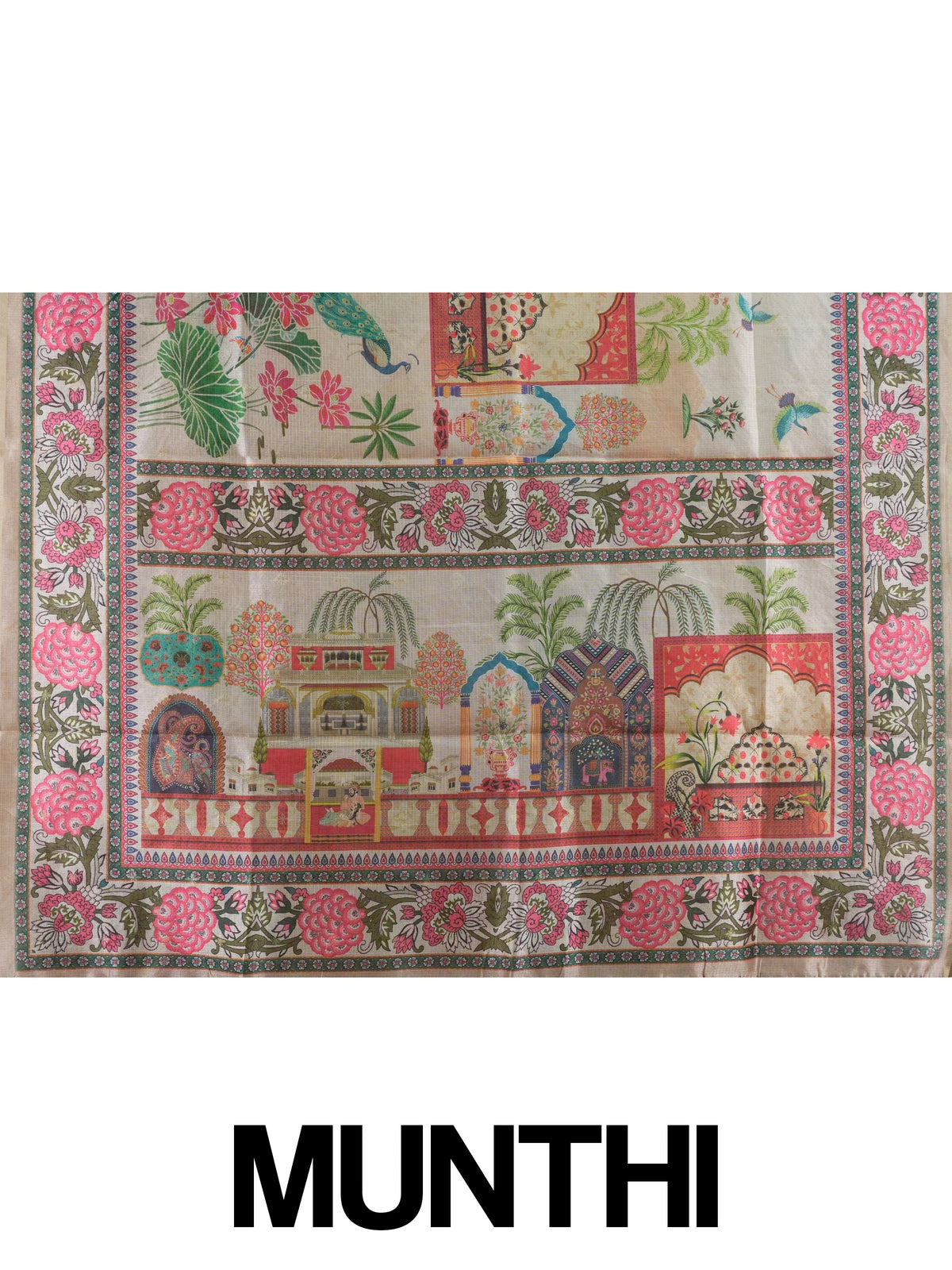 Cream semi tussar saree with multicolour Mughal-garden digital print, peacock and lotus motifs and floral border