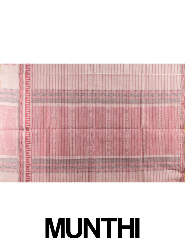 Dusty pink semi raw silk saree with maroon stripes, mustard border and woven paisley pallu