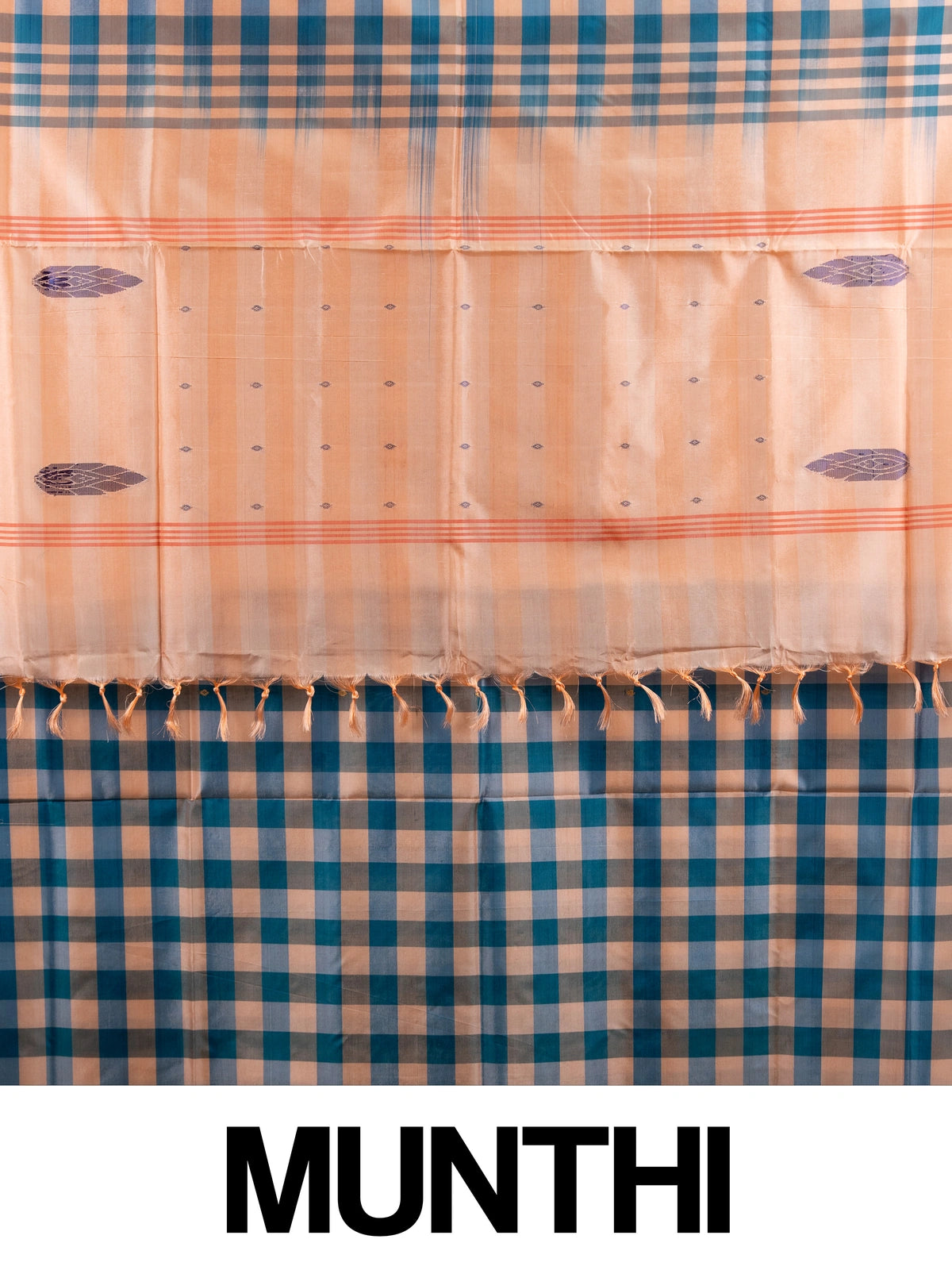 Teal blue and peach checked banana silk saree with contrast peach pallu and woven leaf motifs