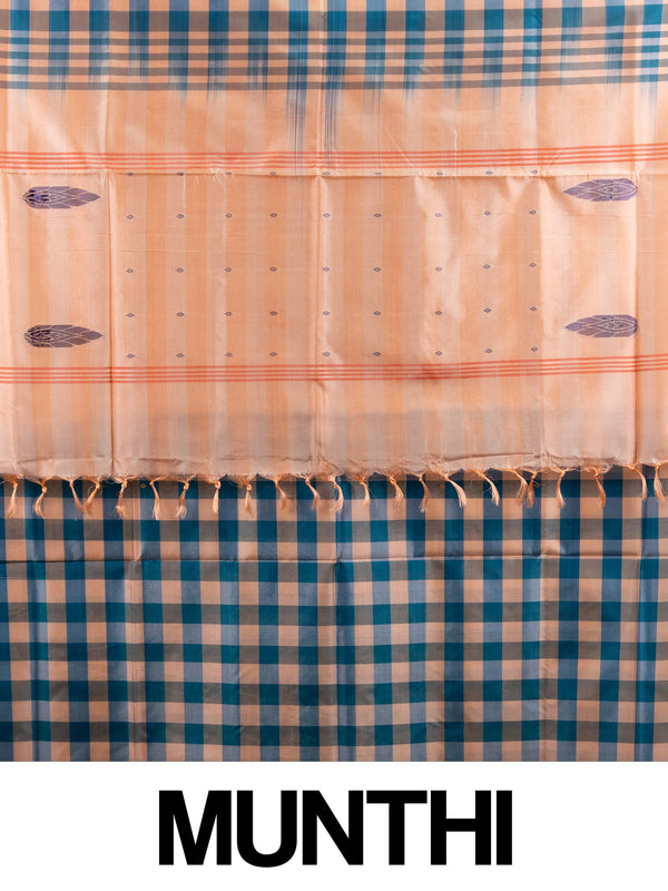 Teal blue and peach checked banana silk saree with contrast peach pallu and woven leaf motifs