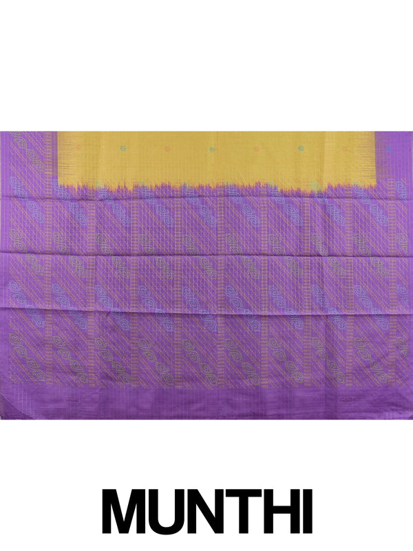 Mustard yellow Dola silk saree with purple contrast border, zari checks and woven pallu