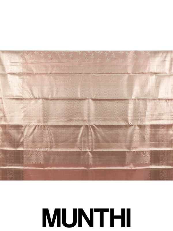 Rose pink pure Kanchipuram silk saree with silver zari floral and bird motifs and contrast zari border