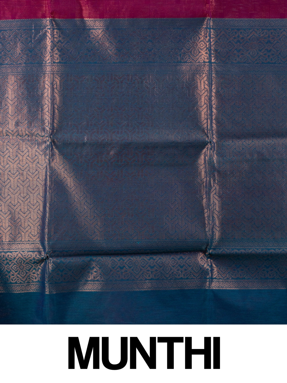 Magenta silk cotton saree with gold zari stripes and contrast blue zari border and pallu