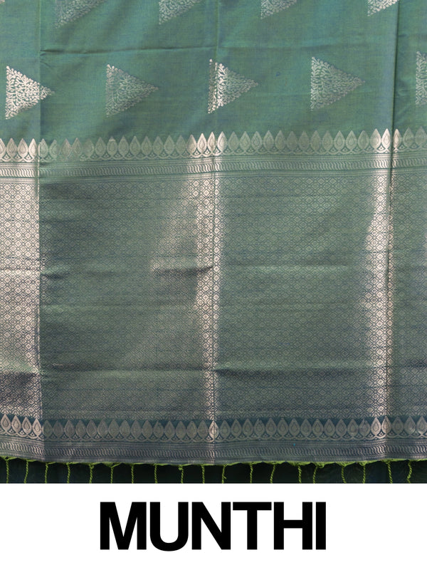 Green Kanchipuram fancy silk saree with contrast purple silver zari border and triangular zari buttas