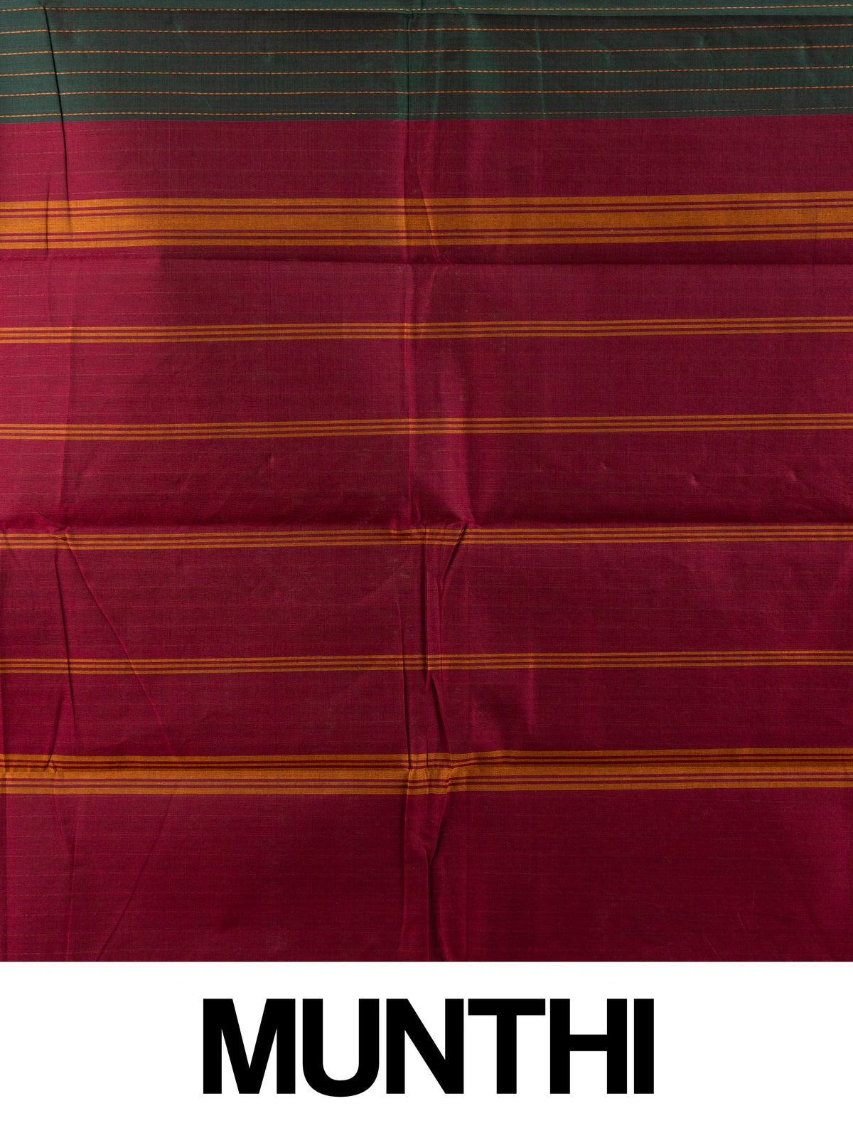 Bottle green Chettinad cotton saree with mustard pinstripes, teal gold zari border and maroon striped pallu