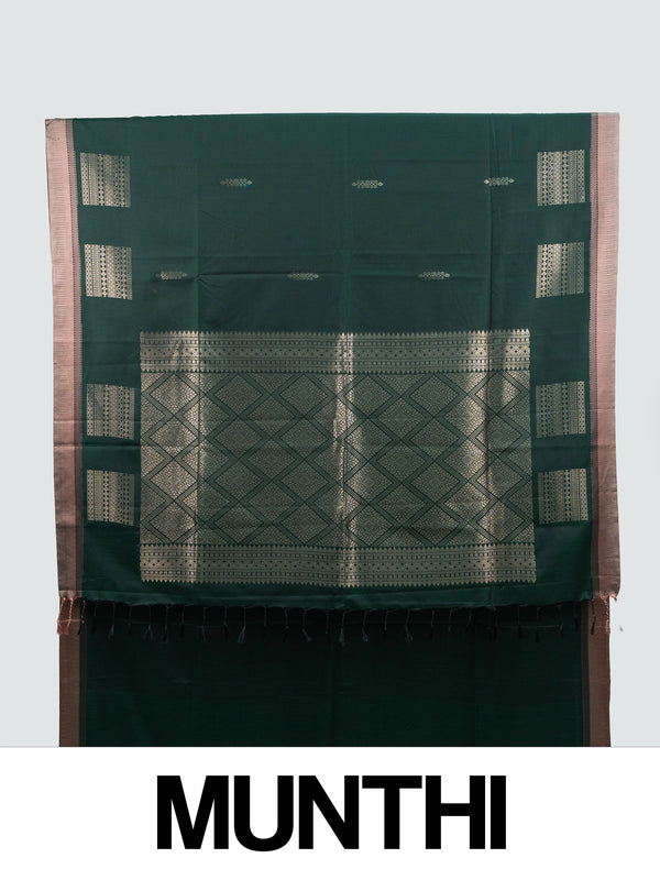 Bottle green semi silk saree with copper contrast border and gold zari pallu