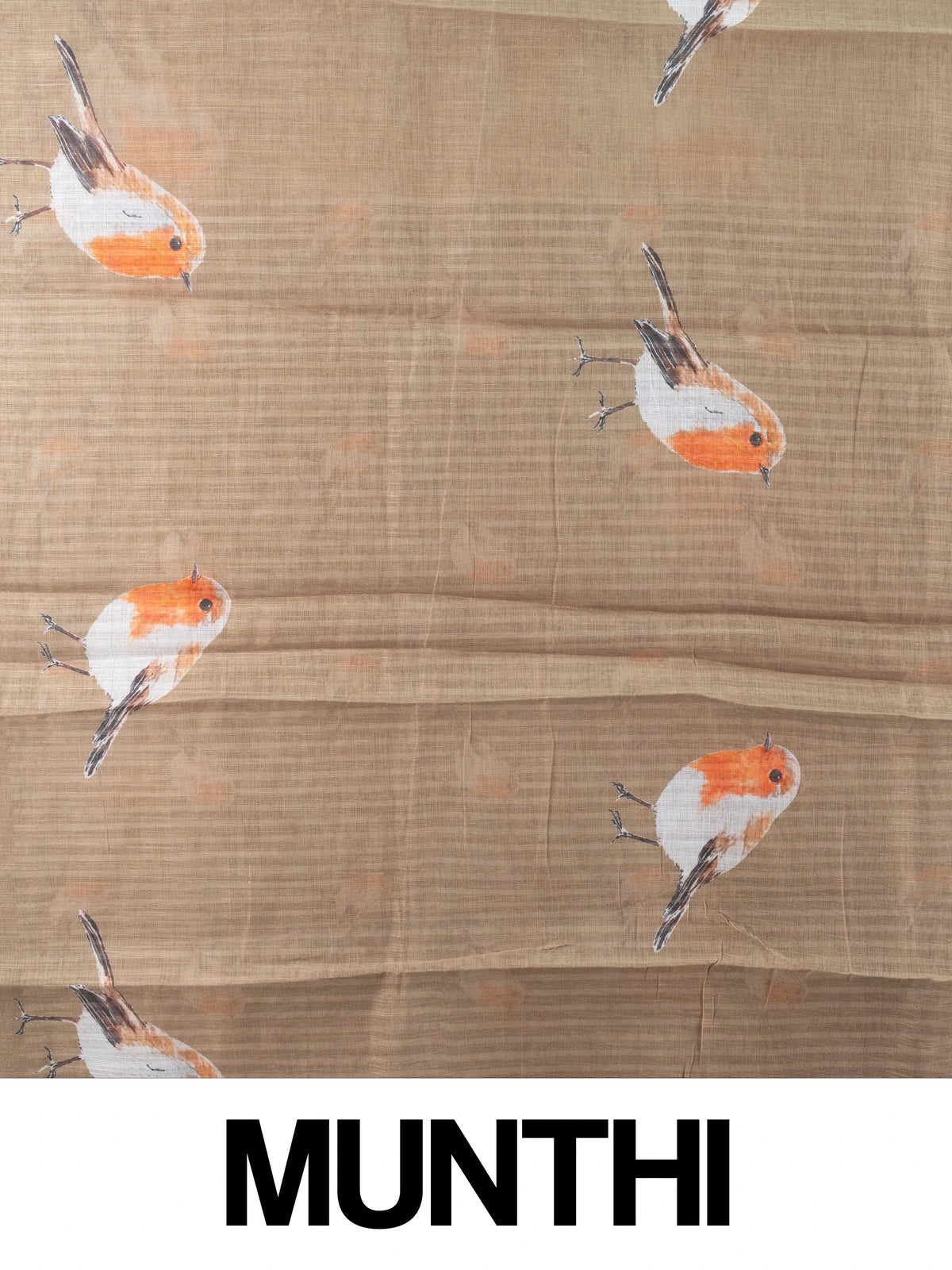 Beige linen cotton saree with orange robin bird prints and a golden zari border