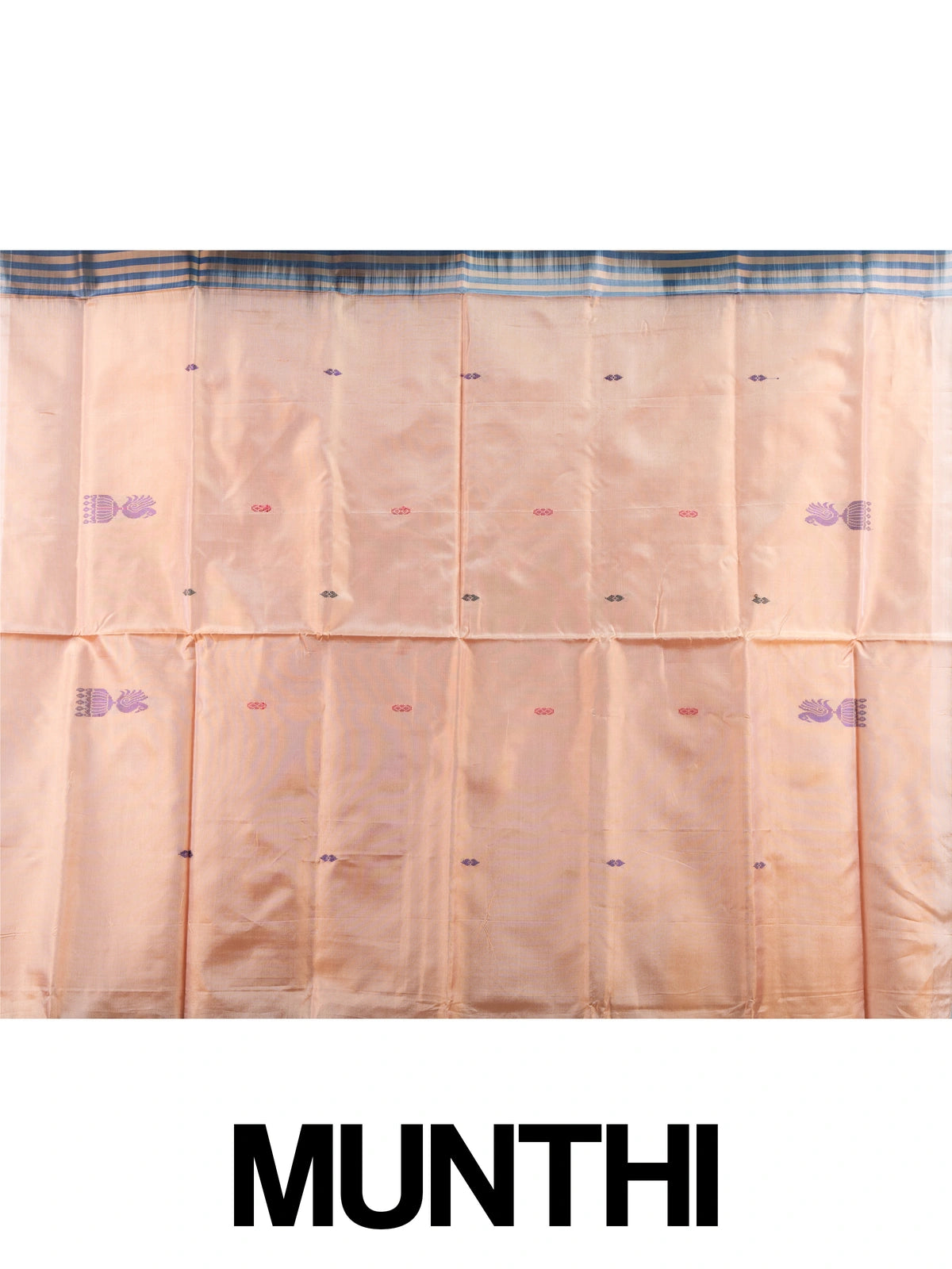 Navy blue banana silk saree with contrast peach pallu, peacock motifs and gold zari border