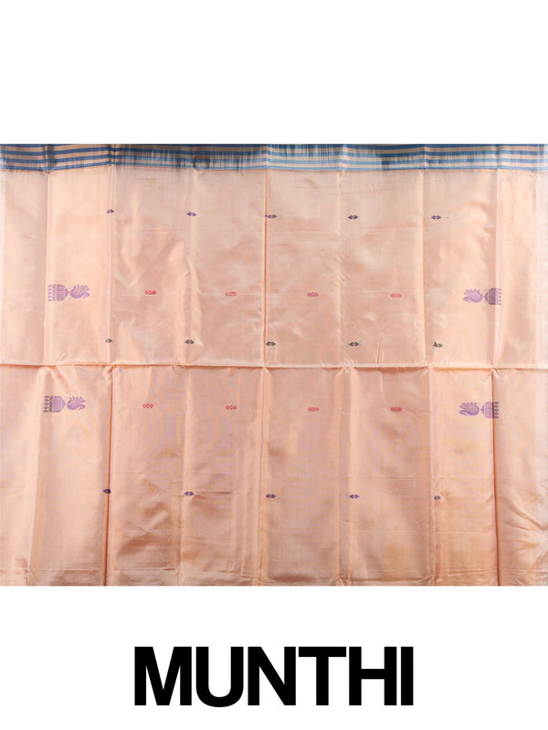 Navy blue banana silk saree with contrast peach pallu, peacock motifs and gold zari border