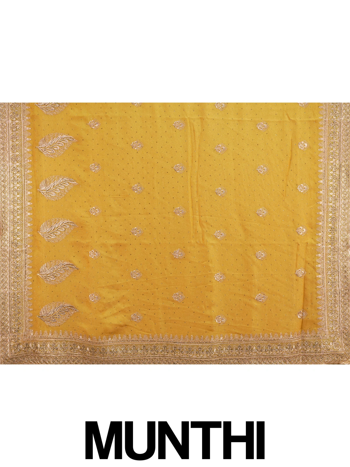 Mustard yellow designer saree with rose-gold embroidered butas, paisley pallu and embellished border