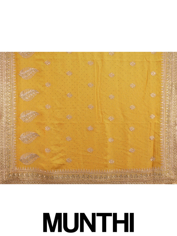 Mustard yellow designer saree with rose-gold embroidered butas, paisley pallu and embellished border