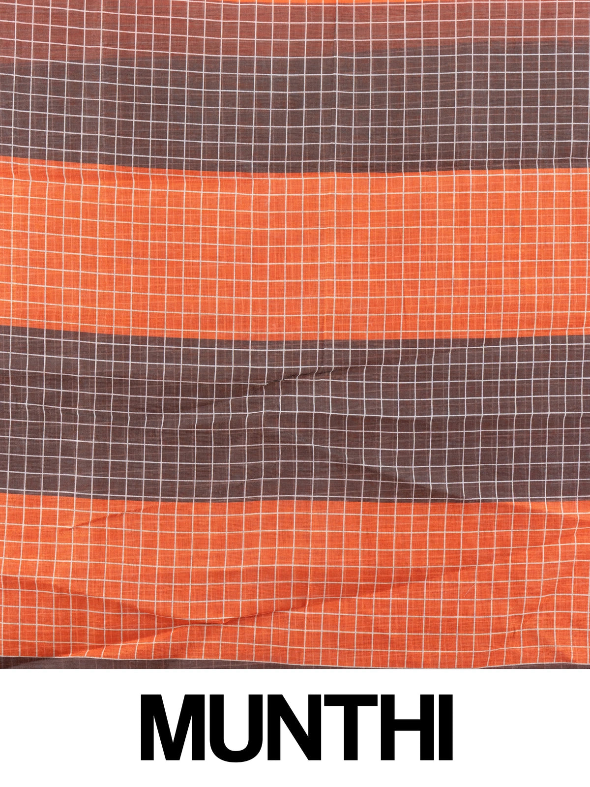 Orange linen cotton saree with white checks, contrast grey checked border and striped pallu