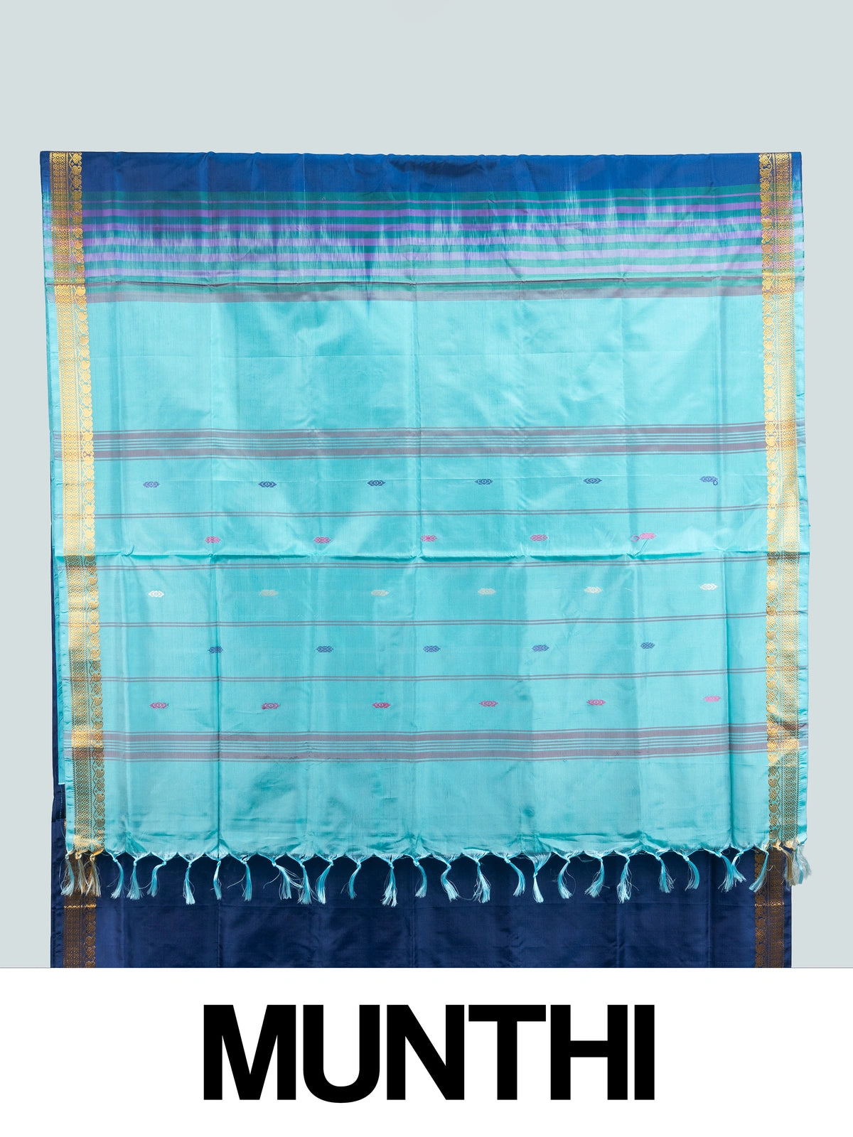 Navy blue Banana Silk saree with gold zari border, multicoloured buttis and contrast turquoise striped pallu