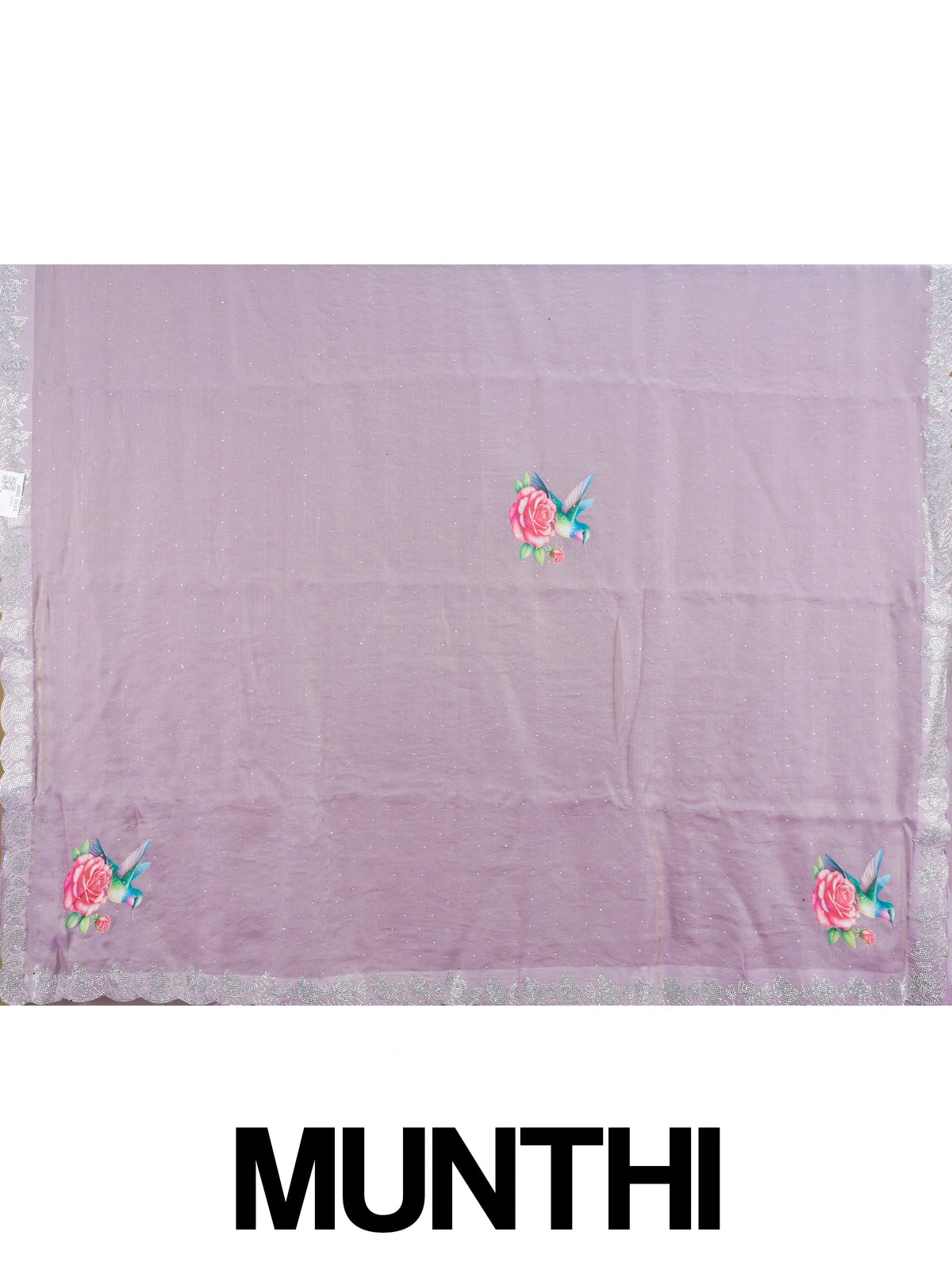 Lilac organza designer saree with hummingbird-and-rose print, silver stone scalloped border and contrast plum blouse