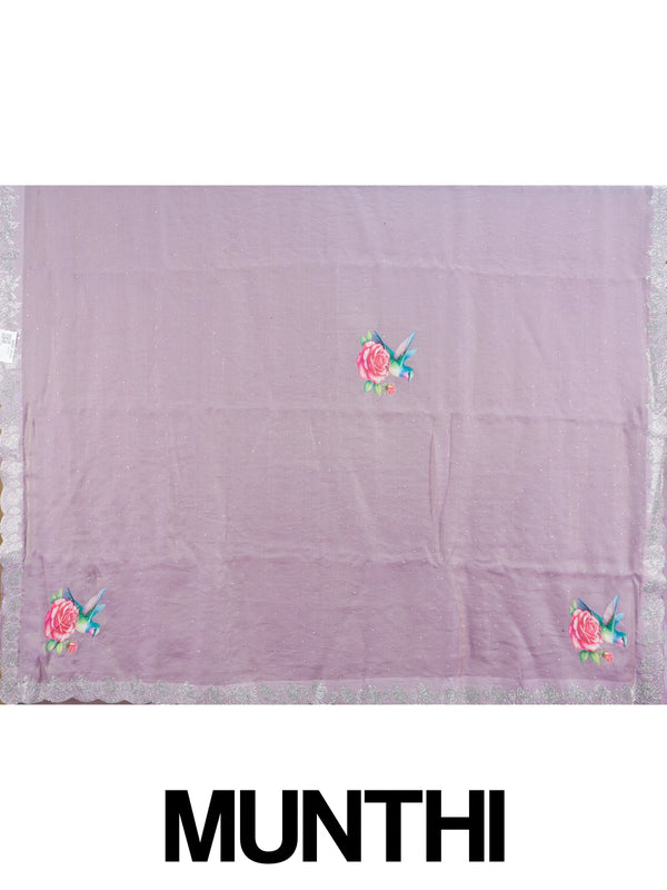 Lilac organza designer saree with hummingbird-and-rose print, silver stone scalloped border and contrast plum blouse