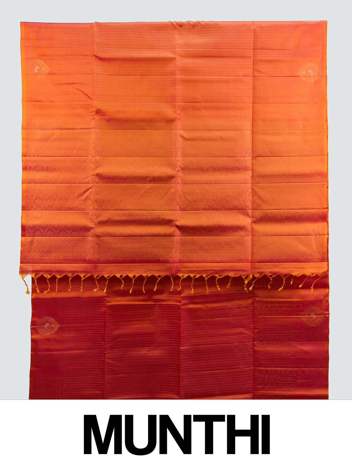 Orange and red pure soft silk saree with gold zari border and maroon-red pallu