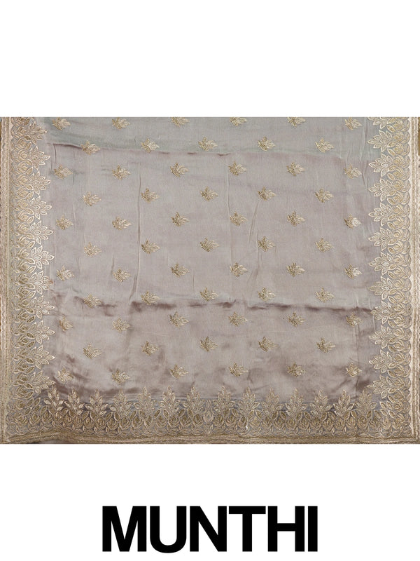 Mauve-grey shimmer designer saree with gold zari and sequin leaf embroidery and scalloped border