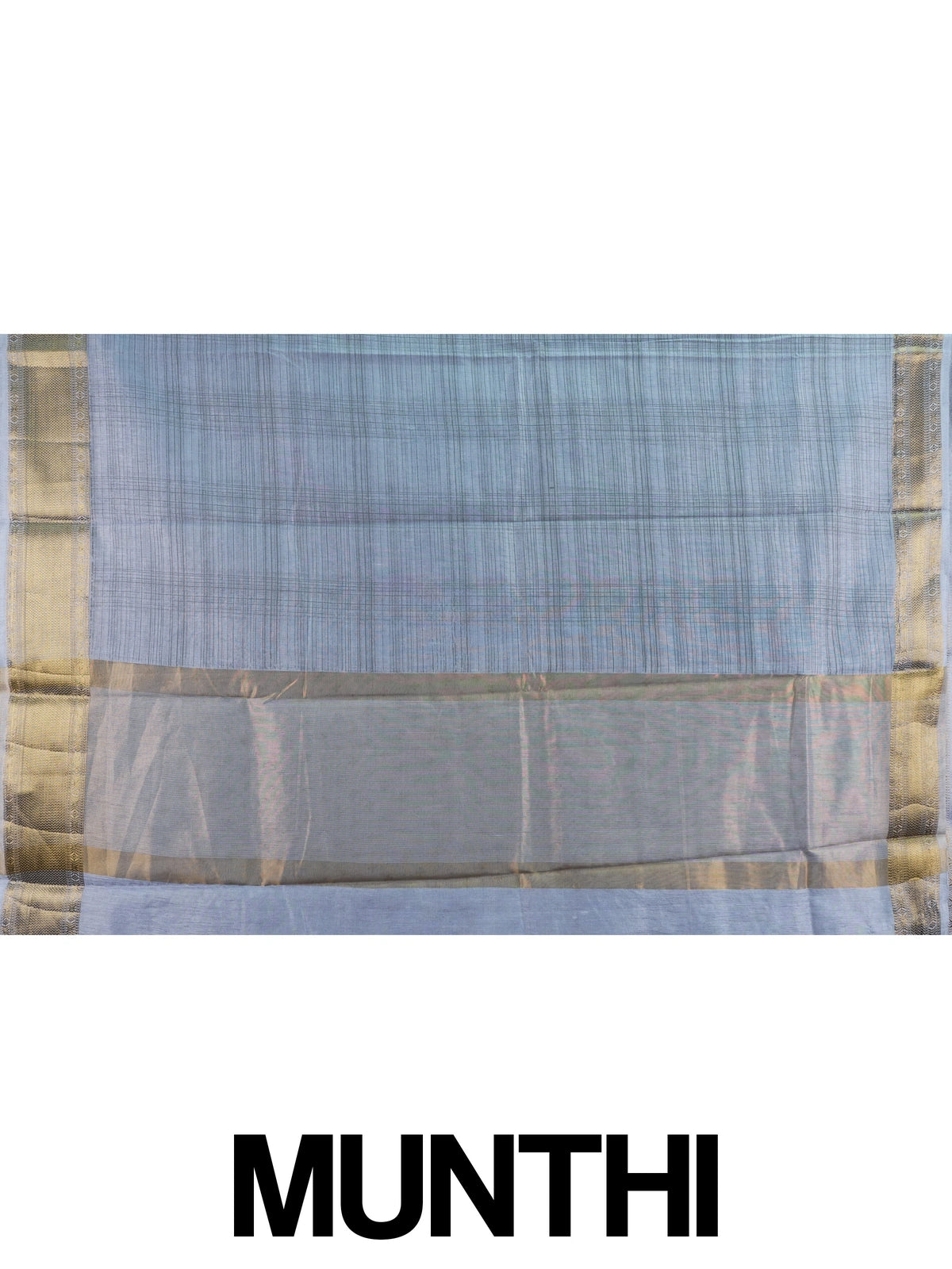 Grey semi tussar saree with crosshatch weave and gold zari border