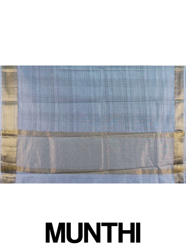 Grey semi tussar saree with crosshatch weave and gold zari border